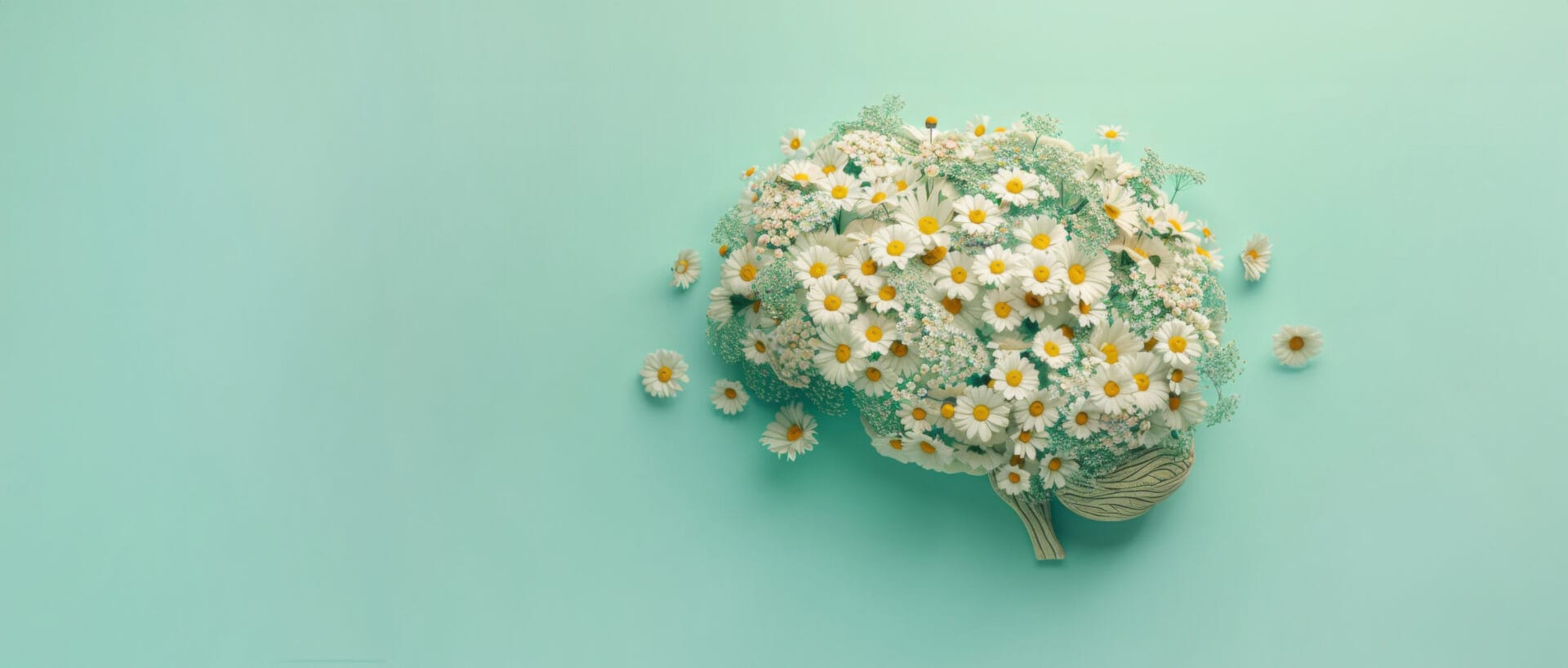 Human brain made of daisies on a green background, concept of neurodiversity and mental problems, banner