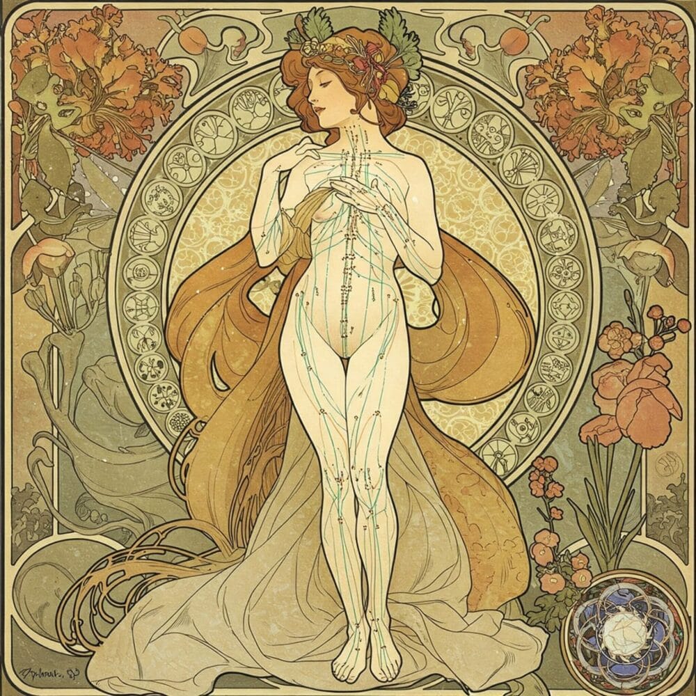 An illustration in the Art Nouveau style depicting a person receiving acupuncture, with stylized representations of brain waves and psychological concepts integrated into the image. Visuals intertwine to promote mental and physical well-being, highlighting the holistic nature of healing and self-care.
