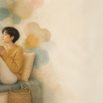 a young person on a window seat with a mug, surrounded by soft, blurred colours, like feelings without names.