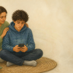 a teenager looking at their phone with a worried face, while a caring adult rests a hand on their shoulder.