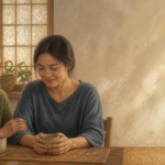 An illustration of a lola (grandma) resting her hand gently on her adult grandchild's arm as they share tea by a glowing capiz-style window. The grandchild looks down with a small, opening smile, and the right side is calm and open.