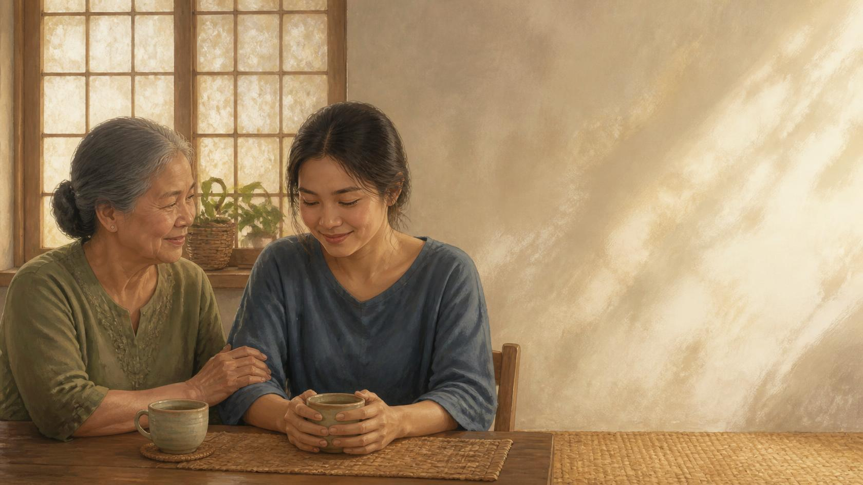 Painted illustration of a Filipino grandmother gently resting her hand on her adult grandchild's arm as they share tea at a wooden table beside a softly lit capiz-shell window