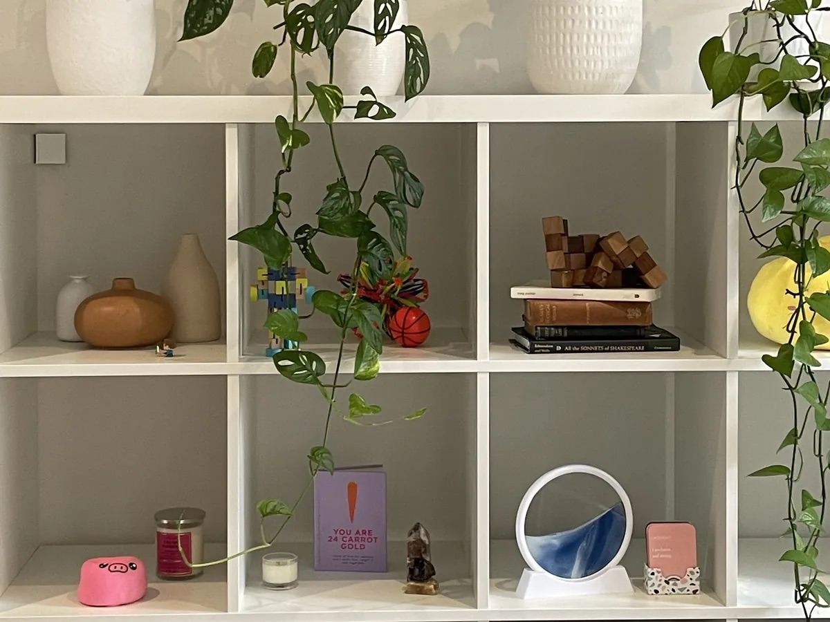 White shelves with trailing plants, fidget toys, a wooden puzzle and a sand art frame